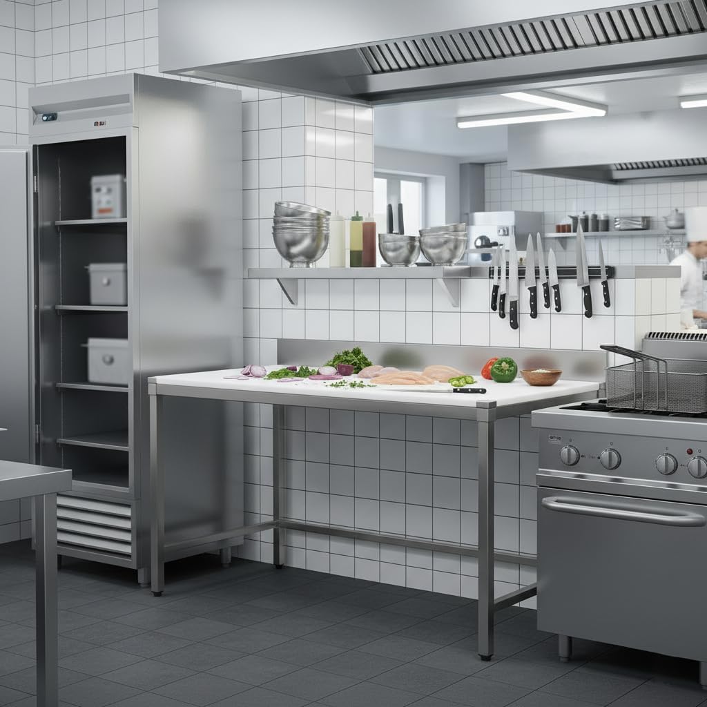 Générique Table de Découpe Adossée Professionnelle – 2000 x 700 mm – Acier Inoxydable – Planche Épaisse 25 mm – Rebord Arrière 100 mm – Hygiène et Solidité 200 Centimètres
