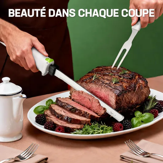 Couteau Électrique Sans Fil 8V, Couteau à Pain Électrique, 2 Lames en Acier Inoxydable, Fourchette, Lavable au Lave-Vaisselle, Idéal pour Couper Viande, Pain, et Plus, Étui Inclus, Blanche