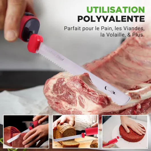 Couteau Électrique de Cuisine – Couteau à Découper pour Viande, Volaille, Pain et Fromage, Lames en Acier, Modèle Sans Fil, Bouton Sécurité ON/OFF, Rouge