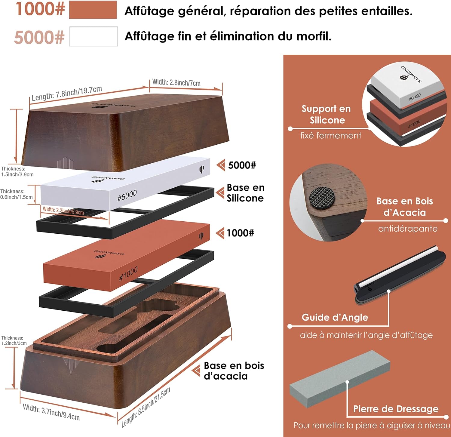 Pierre à Aiguiser Japonaise avec Boîte de Rangement, Kit d’Aiguiseur de Couteaux Grain 1000/5000, Base Antidérapante, Guide d’Angle et Pierre de Nivellement pour Couteaux de Cuisine et Outils