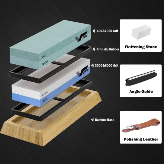 Pierre à Aiguiser - Japonaise Aiguiseur de Couteau Double Face Grain 400/1000 et 3000/8000 avec Base en Bambou Antidérapante, Guide d'Angle, Pierre à Aplatir, Lanière en Cuir, Support en silicone 8 in 1